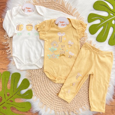 Conj. de Malha 3 Peças - Abelhinhas Bem Me Quer - Amarelo e Off White Conj. de Malha 3 Peças - Abelhinhas Bem Me Quer - Amarelo e Off White